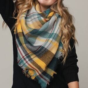 Plaid Multicolor Frayed Edge Oversize Blanket Unisex Layer Warm Scarf Wrap